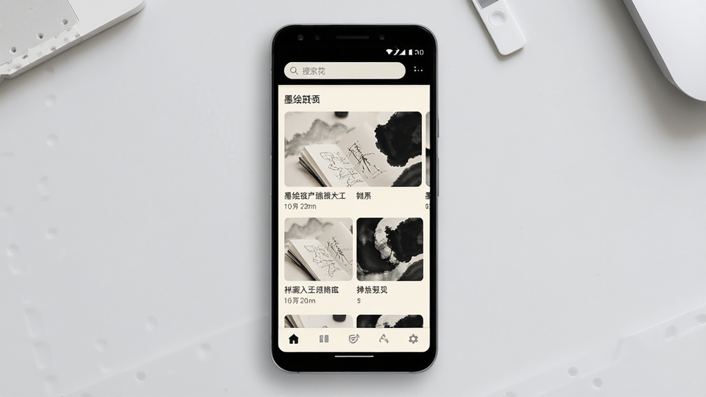 一张展示墨绘软件主界面的手机样机图,画面中央是一台竖屏安卓手机,屏幕上显示着墨绘应用的首页,布局包含顶部搜索栏、中部图文卡片列表、底部导航栏,界面风格简洁素雅,以米白色和墨黑色为主色调,背景为干净的浅灰色工作台面,光线柔和,画质清晰,无多余元素