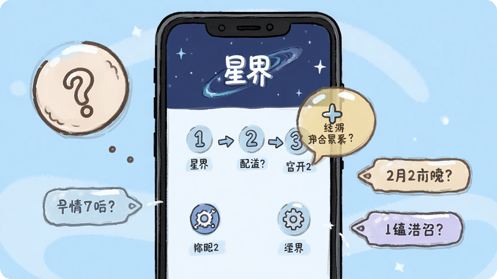 一部安卓手机屏幕显示“星界”新手引导界面,画面中有步骤指示和功能高亮气泡,手机旁边漂浮着问号图标和提示标签,背景为浅蓝色,风格为友好卡通插画,细节包含清晰的箭头和文字说明,画质清晰,干净,无多余元素