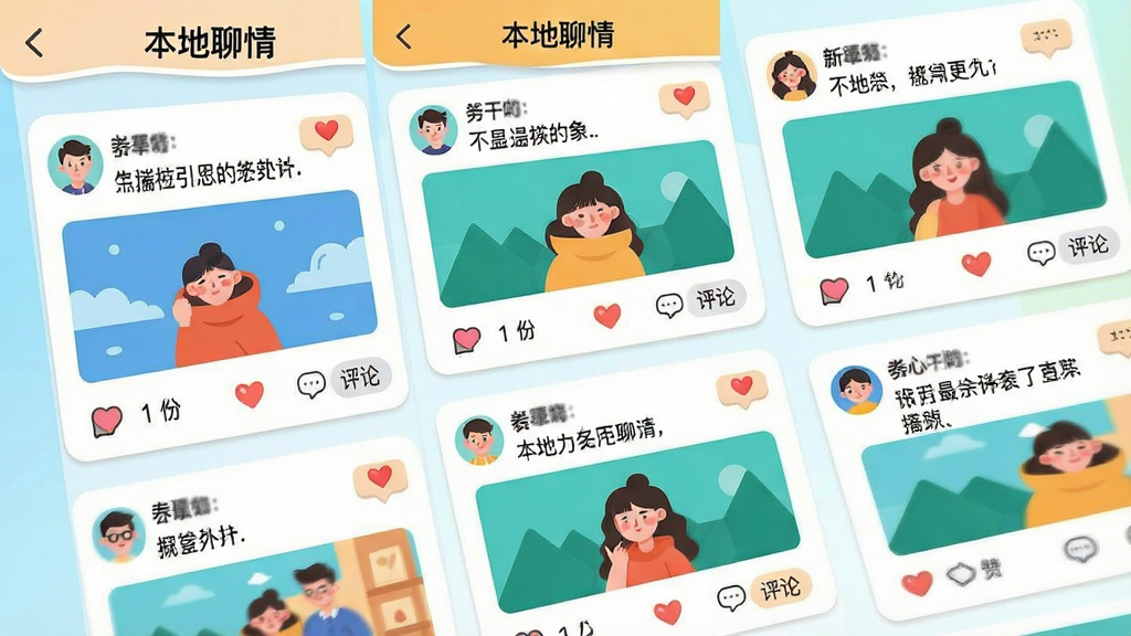 一张手机应用动态广场界面截图风格插画,画面中排列着多条用户动态卡片,每张卡片包含头像、文字描述、配图与点赞评论按钮,顶部有“本地聊情”标题栏,风格活泼明亮,布局瀑布流式,细节包含小红心与评论气泡,画质清晰,干净,无多余元素
