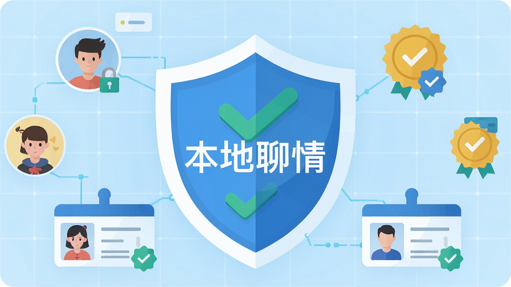 一张以盾牌与对勾图标为核心的扁平化插画,盾牌中央写有“本地聊情”字样,周围环绕用户头像与认证徽章,背景为浅蓝色科技感网格,风格简洁可信,布局居中,细节包含安全锁与身份卡片,画质高清,干净,无多余元素