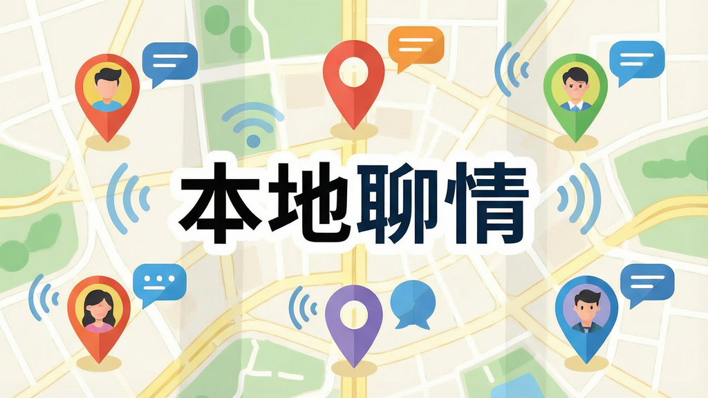 一张以城市地图为背景的插画,地图上分布着多个彩色头像标记,每个标记旁有聊天气泡图标,画面中央突出“本地聊情”文字标识,整体风格清新明快,布局居中对称,细节包含定位针与信号波纹,画质清晰,干净,无多余元素