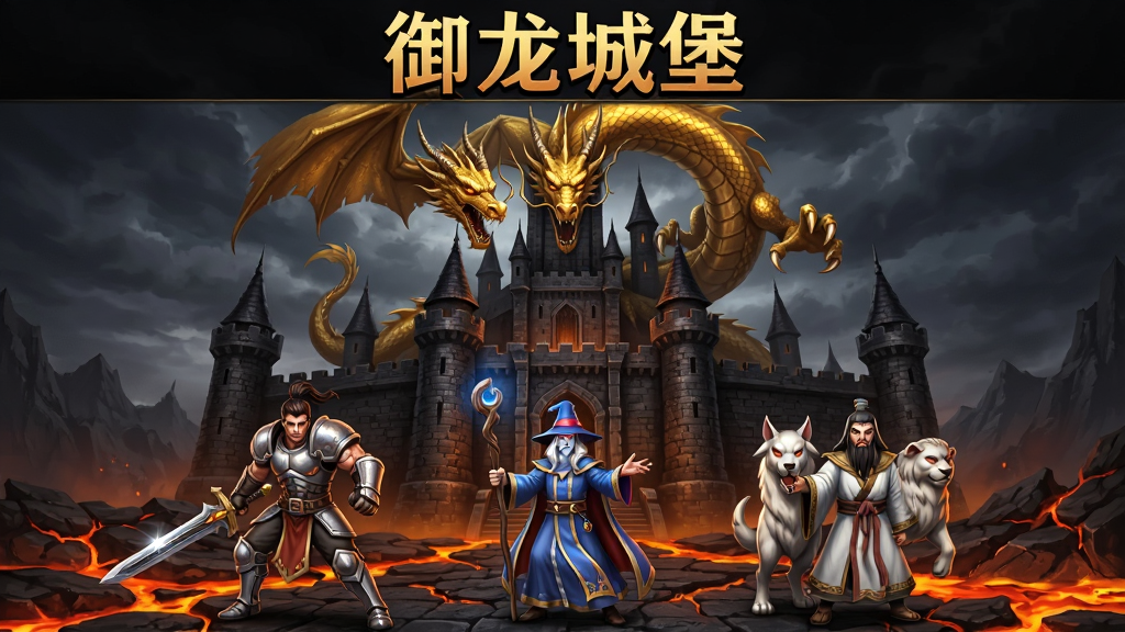 画面中央是一座宏伟的暗黑风格城堡,城堡上方盘旋着一条金色东方巨龙,城堡前方站着三位职业角色分别是持剑战士、持杖法师、带神兽的道士,主体突出城堡与巨龙,布局采用居中对称构图,排版上方为标题区域下方为角色展示区,风格为传奇游戏宣传海报风格,细节包含城堡砖石纹理、龙鳞光泽、角色装备金属反光、地面岩浆裂纹,画质高清、干净、无多余元素,画面中文字写“御龙城堡”