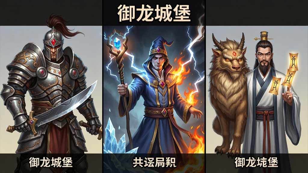 左侧为持刀战士身披重甲,中间为法师手持法杖周身环绕冰火雷电,右侧为道士身旁跟随神兽手持道符,布局采用三栏并列展示,排版上方写“御龙城堡”下方标注职业名称,风格为游戏角色立绘展示风格,细节包含铠甲纹路、法杖宝石发光、道符飘动、神兽毛发质感,画质高清、干净、无多余元素