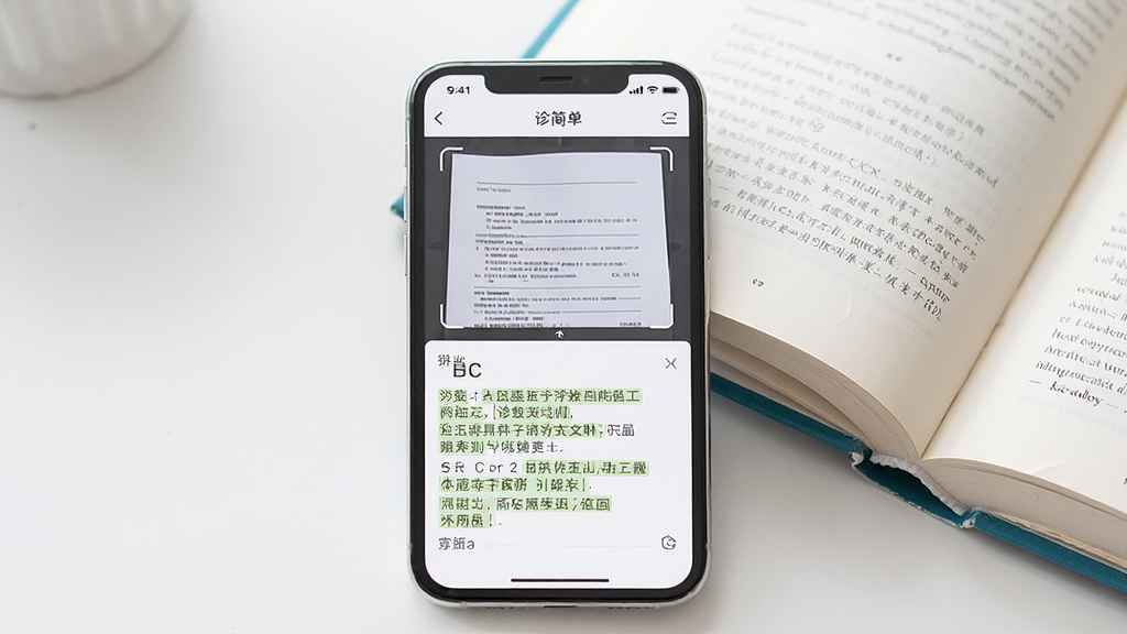 一张展示诊简单OCR文字识别功能的场景图,画面中央是手机屏幕显示诊简单界面,屏幕上半部分是一张扫描的纸质文档图片,下半部分是识别出的可编辑文字内容,文字区域有高亮标记,手机旁放着一本打开的书,整体风格清新明亮,布局上下分层,画质高清,干净无多余元素