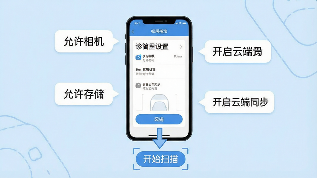 一张展示诊简单新手使用指南的示意图,画面中央是一部手机屏幕显示诊简单的权限设置界面,屏幕周围有多个提示气泡分别标注“允许相机”“允许存储”“开启云端同步”等文字,手机下方有箭头指向“开始扫描”按钮,整体布局清晰有序,风格扁平化设计,背景为浅蓝色,画质高清,干净无多余元素