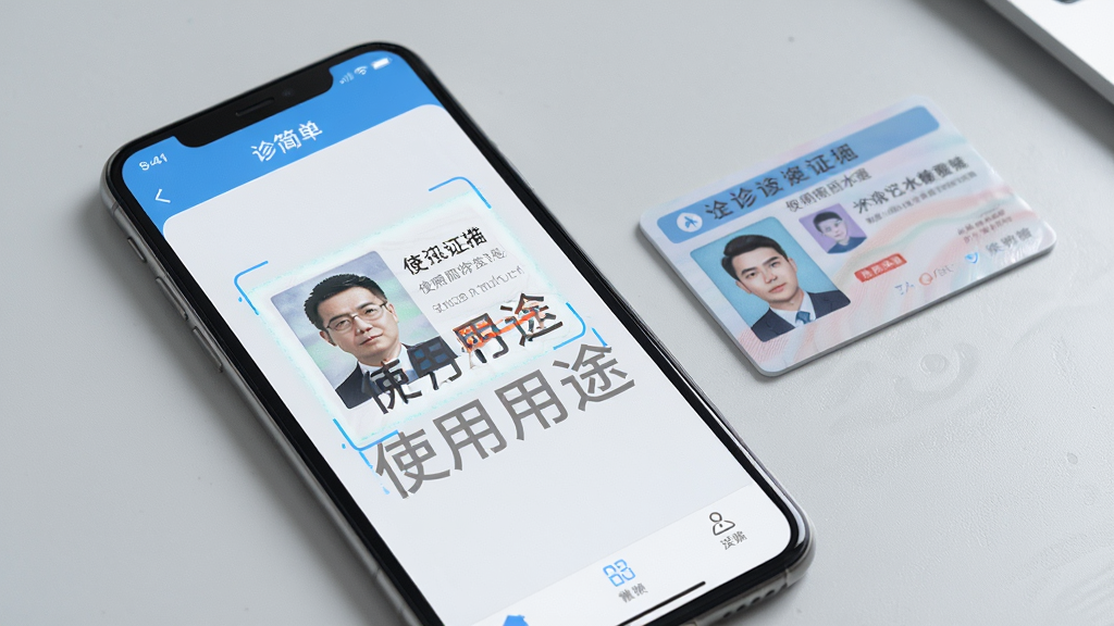 一张展示诊简单证件扫描与水印功能的场景图,画面中央是手机屏幕显示诊简单应用中的身份证扫描界面,扫描件上叠加了半透明的使用用途水印文字,手机旁边放着一张实体身份证,整体风格严谨专业,背景为浅灰色桌面,画质高清,干净无多余元素