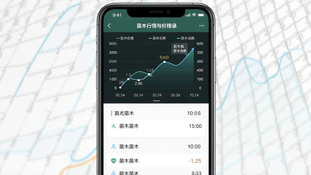 购苗木应用内苗木行情与价格记录界面,主体为手机屏幕显示折线图与数据列表,布局为上方图表下方记录条目,排版对称,风格为数据可视化风格,细节包含价格曲线、日期标注、苗木名称,画质高清,干净,无多余元素