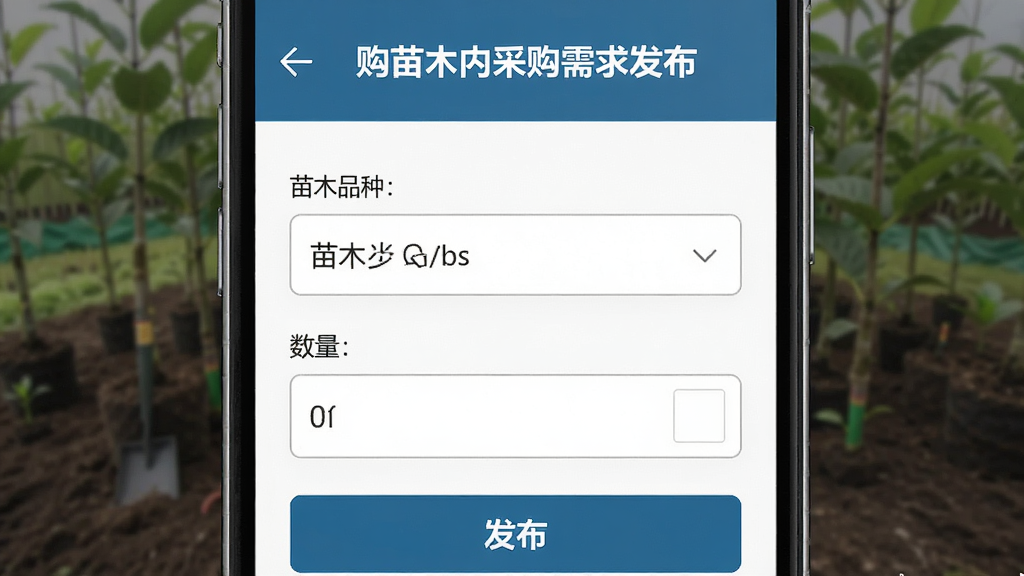 购苗木应用内采购需求发布页面,主体为手机屏幕显示表单填写界面,布局为上方标题与下方输入框排列,排版规整,风格为商务简洁风,细节包含苗木品种选择器、数量输入框、发布按钮,画质高清,干净,无多余元素