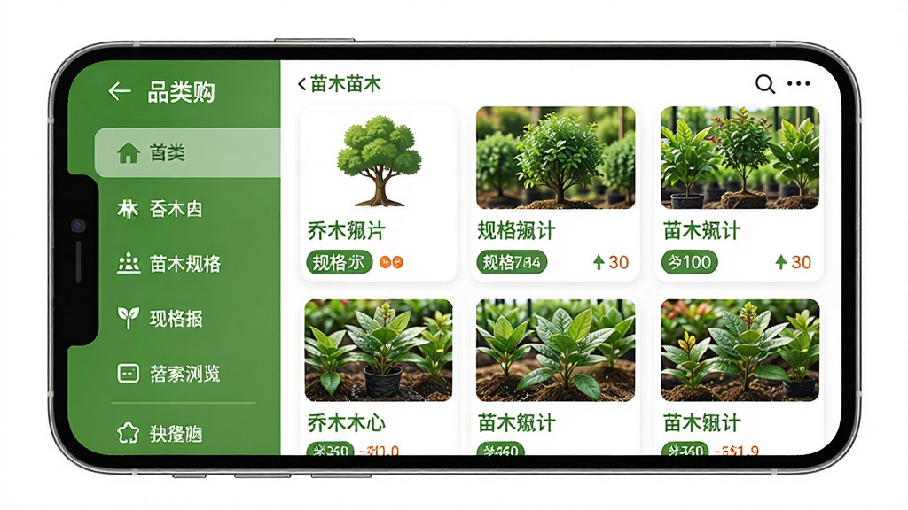 购苗木应用内苗木分类浏览界面,主体为手机屏幕,布局为左侧品类导航栏与右侧苗木列表,排版清晰,风格为清新绿色调移动端设计,细节包含乔木灌木图标、规格标签、价格数字,画质高清,干净,无多余元素