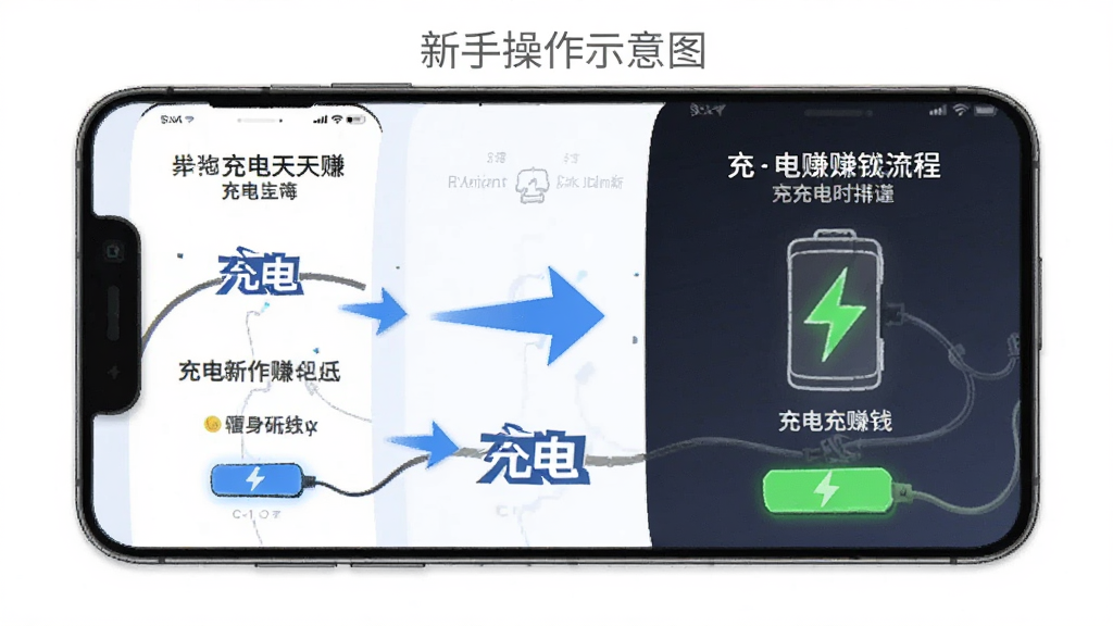 充电天天赚新手操作示意图,手机屏幕展示安装步骤和充电赚钱流程,配有箭头指引和文字标注,背景为白色简洁风格,画质清晰干净