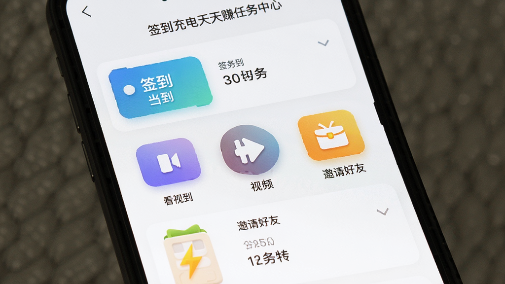 充电天天赚任务中心界面,手机屏幕展示签到、看视频、邀请好友等任务列表,图标色彩丰富,布局整齐,背景为白色简约风格,画质清晰无多余元素