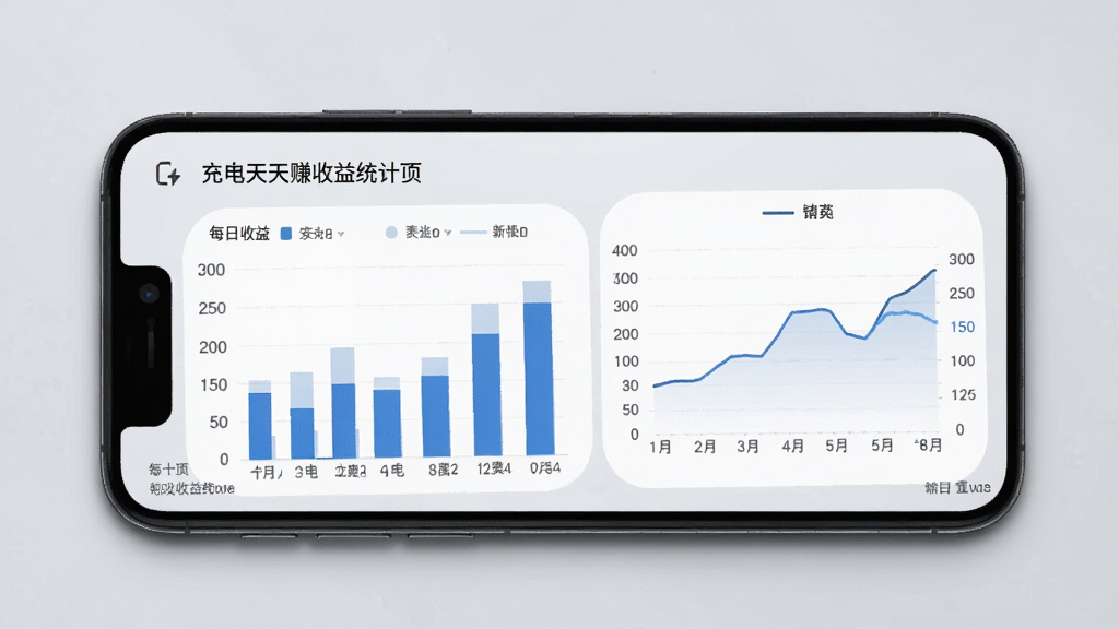 充电天天赚收益统计页面,手机屏幕显示柱状图和折线图展示每日收益变化,背景为浅灰色商务风格,数据清晰,画质干净整洁