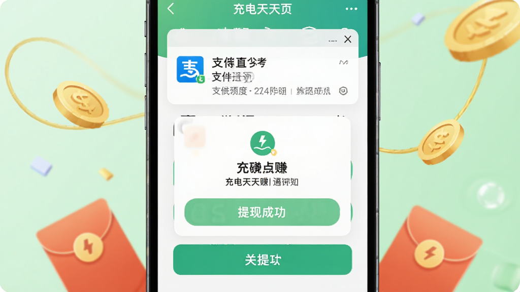 充电天天赚提现页面展示,手机屏幕显示提现成功弹窗和支付宝到账通知,背景为浅绿色清新风格,金币和红包元素点缀,画质干净清晰