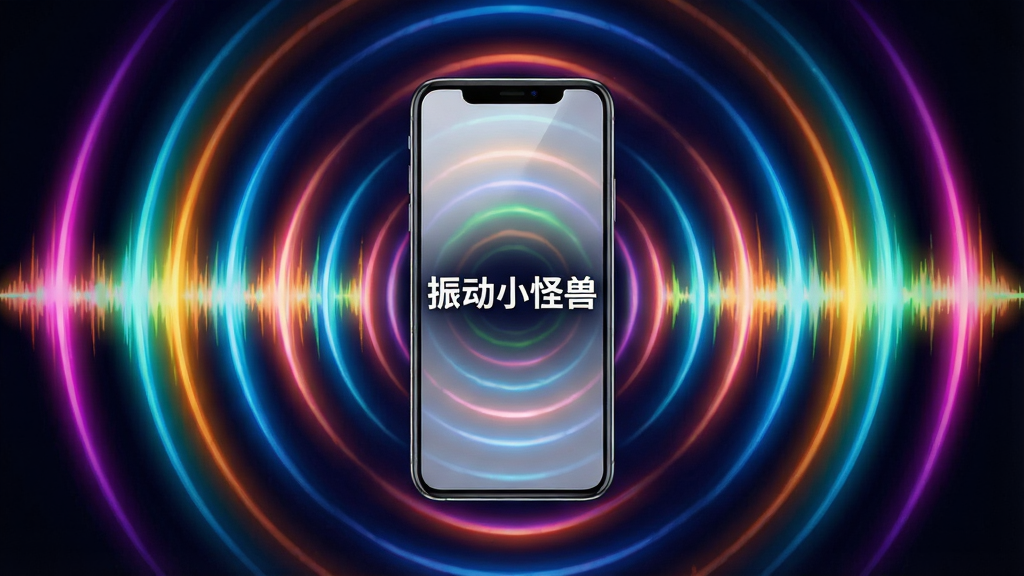 一张展现手机震动增强效果的概念图,画面中央是一部现代智能手机,手机周围环绕着向外扩散的彩色声波与震动波纹,波纹由内向外逐渐增强,形成强烈的视觉冲击感,背景为深色渐变,突出震动能量感,画面中清晰呈现