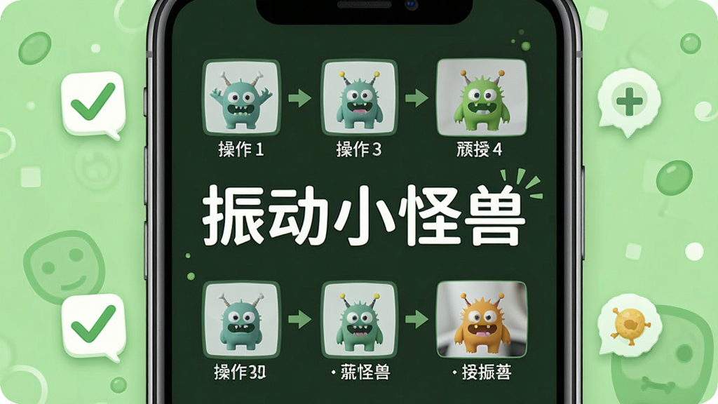 一张展示手机震动应用新手操作指南的概念图,画面中一部手机屏幕显示操作步骤示意图,旁边有勾选标记和提示图标,画面中央有