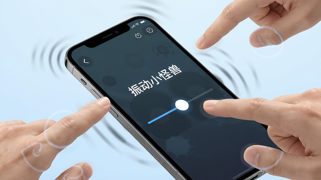 一张展示手机震动实时预览功能的概念图,画面中一部手机正在震动,手机周围有手指点击屏幕的示意动作,屏幕上有