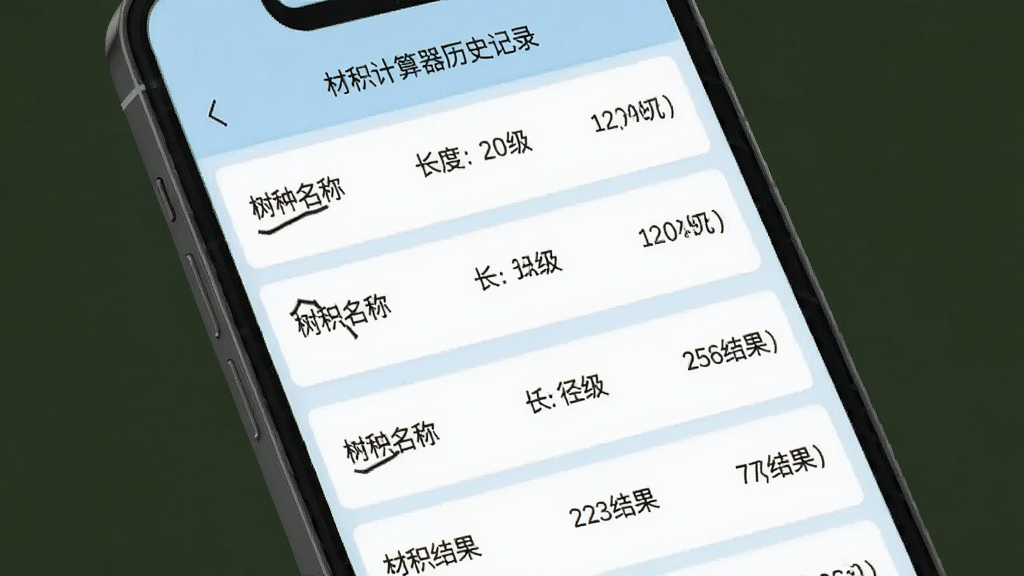材积计算器历史记录页面,手机屏幕展示多条材积计算记录列表,每条记录包含树种名称、长度、径级和材积结果,界面整洁有序,背景是浅蓝色调,整体风格清爽简约,画质干净,无多余元素