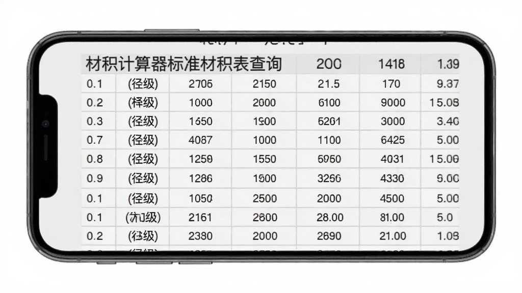 材积计算器标准材积表查询页面,手机屏幕上显示一排排整齐的材积数据表格,表格中有长度和径级对应的材积数值,背景是浅灰色,整体风格商务简约,画质清晰干净,无多余元素