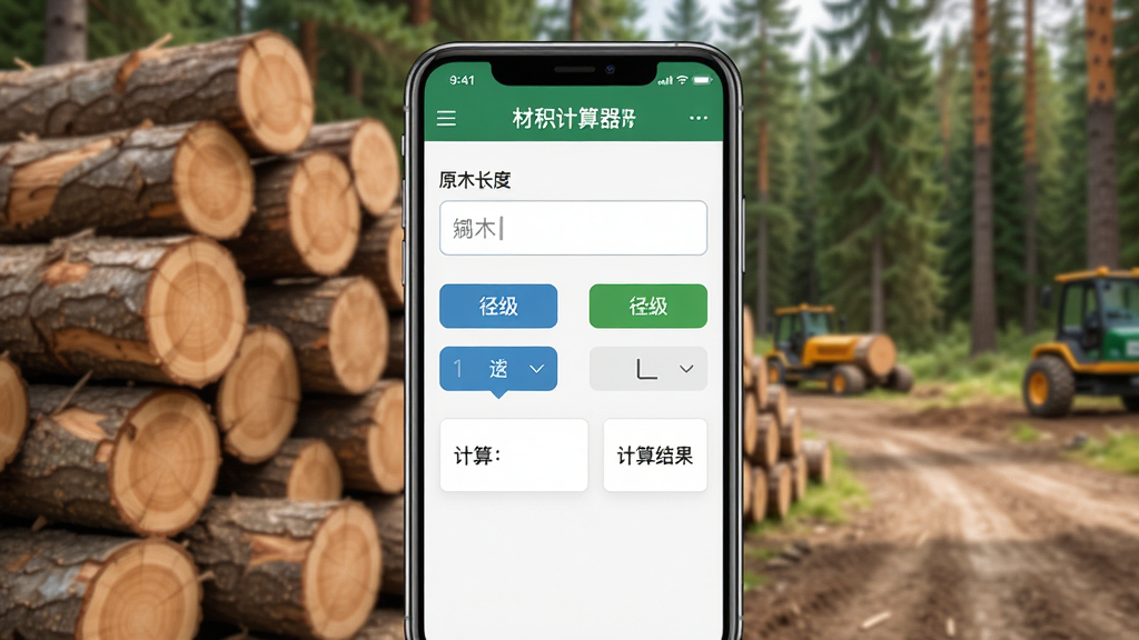 材积计算器手机应用主界面展示,画面中央是一部智能手机,屏幕显示材积计算器软件的操作界面,界面上有原木长度输入框、径级选择按钮和计算结果展示区域,背景是堆放的木材和林业场景,整体风格写实清晰,画质干净明亮,无多余元素