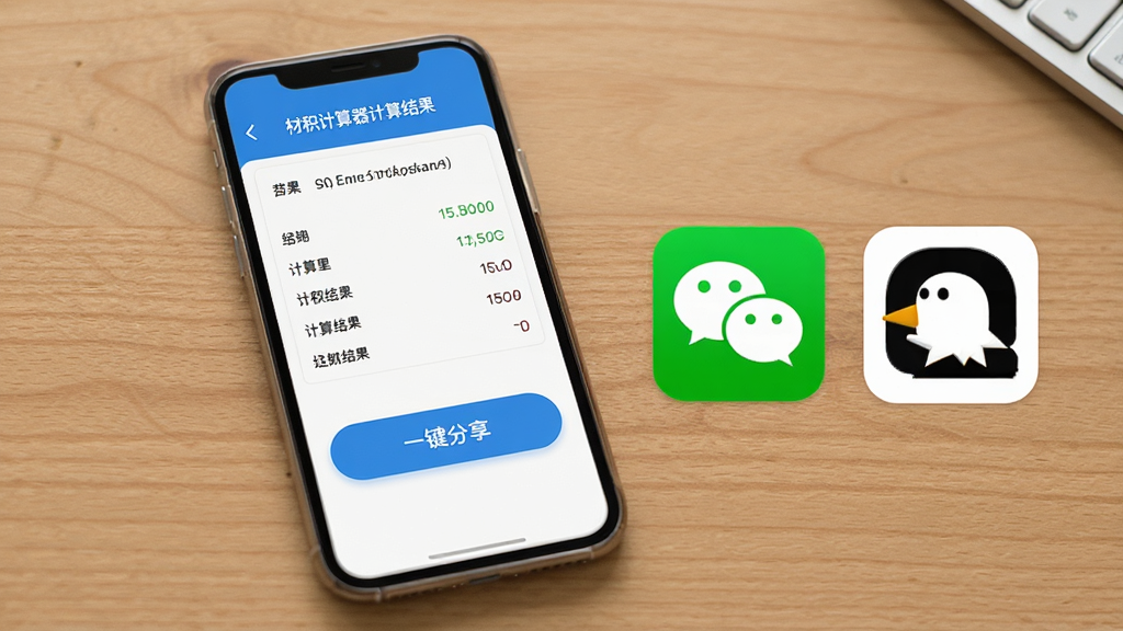 材积计算器计算结果分享界面,手机屏幕展示计算结果和一键分享按钮,旁边有微信和QQ的图标,背景是木质纹理桌面,整体风格实用简洁,画质干净明亮,无多余元素
