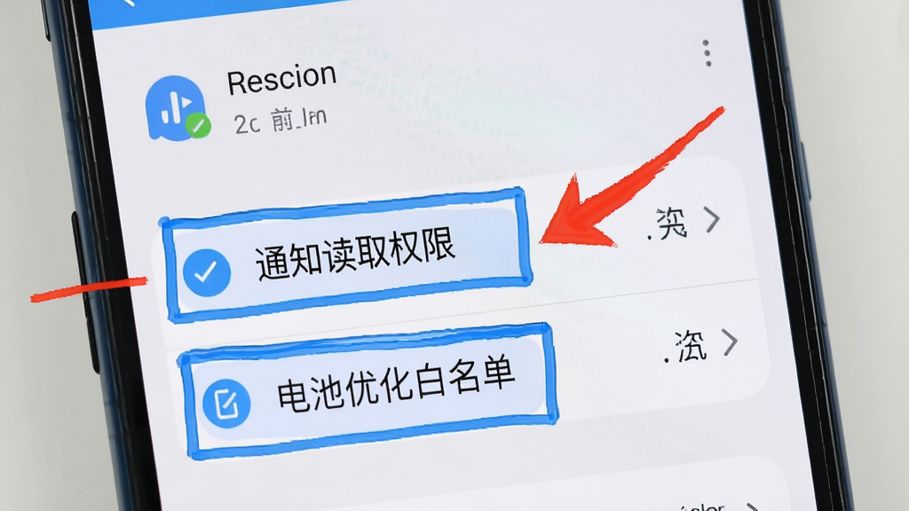 一部手机屏幕显示回应应用的设置界面,高亮标注“通知读取权限”和“电池优化白名单”选项,背景为浅色,布局清晰,风格教程截图,细节包括红色箭头和蓝色高亮框,画质高清,干净无多余元素