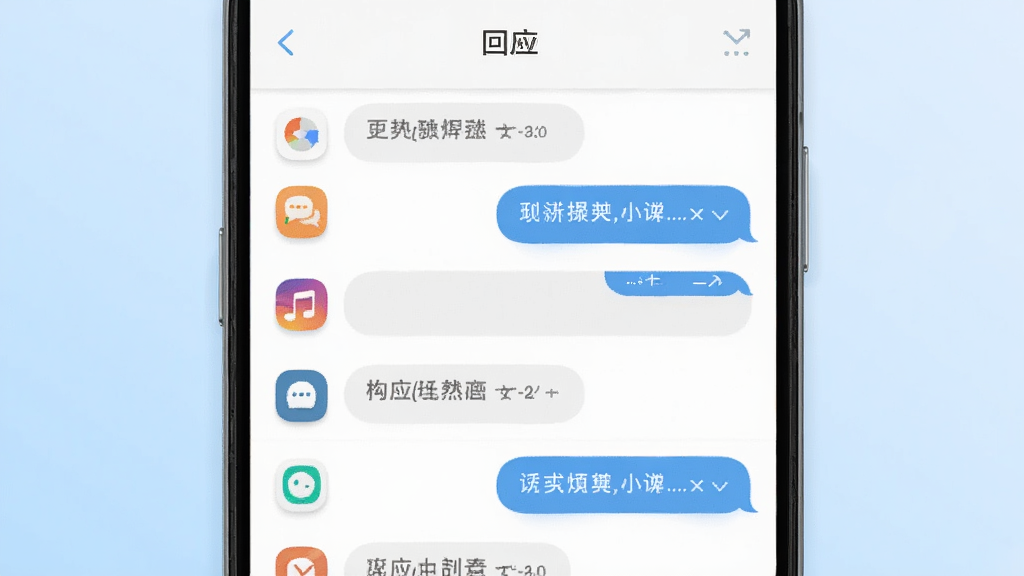 主图展示一款名为回应的手机应用界面,主体为一部竖屏安卓手机,屏幕显示清爽的聊天列表与消息气泡,布局采用居中构图,背景为浅蓝色渐变,风格简约现代,细节包括圆角图标和柔和阴影,画质高清,干净无多余元素