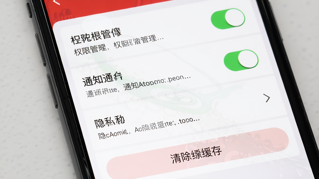 一张手机屏幕展示可乐语音设置页面,包含权限管理、通知设置、隐私选项和清除缓存按钮,布局为列表式排列,风格为简洁的移动端UI设计,细节包括开关按钮、箭头图标和说明文字,画质高清,干净,无多余元素