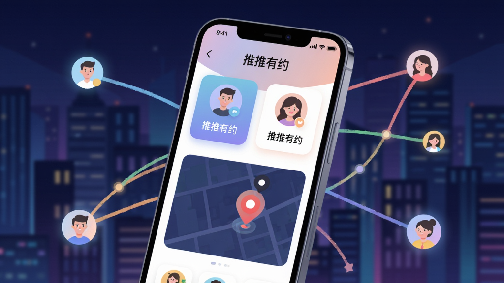 画面中央是一部智能手机,屏幕显示“推推有约”应用主界面,界面中有多个用户头像卡片和附近的人地图标记。背景是城市夜景与彩色连线,象征社交连接。布局采用居中构图,手机略微倾斜。风格为现代扁平化科技风,细节包括柔和渐变色、圆角图标、微光效果。画质清晰,干净,无多余元素。