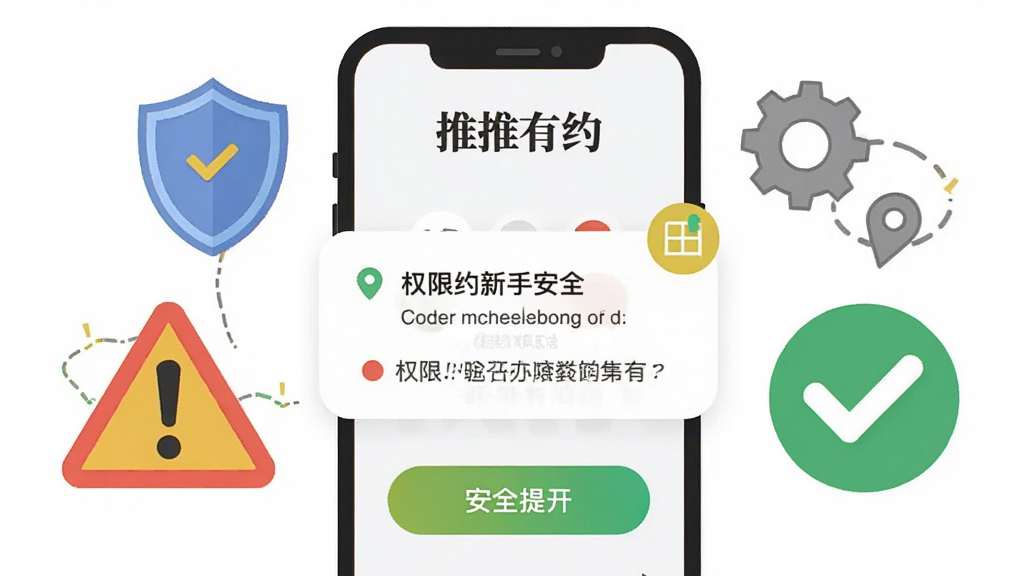 画面展示“推推有约”新手引导界面,手机屏幕出现权限请求弹窗与安全提示图标,周围有盾牌、齿轮、定位符号。布局为手机居中,左侧有警告三角标,右侧有对勾图标。风格为扁平化教学插画风,细节包括红黄绿三色提示、圆角按钮、简洁文字。画质清晰,干净,无多余元素。
