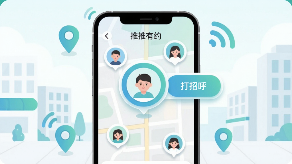 画面展示“推推有约”的附近匹配功能,手机屏幕显示地图上散布着多个用户头像气泡,其中一个气泡被放大高亮,旁边有“打招呼”按钮。背景是简洁的城市街区插画。布局为手机居中,周围环绕定位图标与信号波纹。风格为清新浅色扁平风,细节包括蓝绿色渐变、圆角卡片、细小阴影。画质清晰,干净,无多余元素。