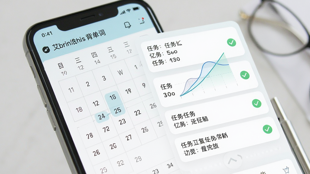 艾宾浩斯背单词的智能复习计划界面,主体为手机屏幕显示日历和复习任务列表,布局清晰展示每日任务量,排版采用卡片式设计,风格为清新浅色系,细节包含记忆曲线动态图示和完成打勾标记,画质细腻,画面干净,无多余元素