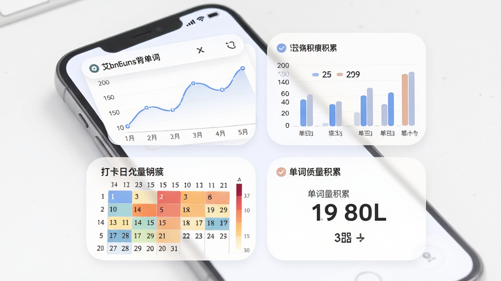艾宾浩斯背单词的学习数据统计页面,主体为手机屏幕显示折线图和柱状图,布局为上下结构,排版采用圆角卡片,风格为柔和圆角设计,细节包含打卡日历热力图和单词量积累数字,画质高清,画面干净,无多余元素