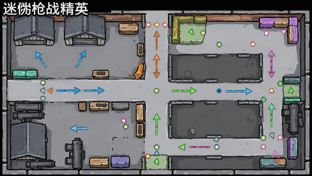 一幅迷你枪战精英游戏内迷你地图的俯视示意图,画面展示卡通风格的街区、仓库和通道布局,用不同颜色标注掩体与高台位置,地图边缘带有迷你枪战精英的文字标识,整体风格为游戏战术地图插画,细节包括路径箭头与点位标记,画质清晰干净,无多余元素