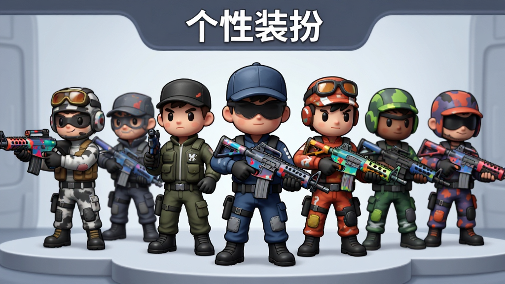 一幅迷你枪战精英角色装扮展示图,画面中多个卡通风格的角色穿着不同主题的皮肤站成一排,手中持有涂装各异的枪械,背景为简洁的展示台,顶部用文字标注“个性装扮”,整体风格为游戏角色展示界面,细节包括服装纹理与武器涂装,画质清晰干净,无多余元素