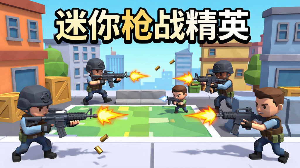 一幅以迷你枪战精英为核心主题的游戏宣传图,画面中央展示多名卡通风格的精英战士手持各式枪械在迷你街区地图中激烈交火,背景包含掩体、箱子和高楼建筑,顶部用粗体字写着“迷你枪战精英”,整体风格为低多边形卡通渲染,色调明快鲜艳,细节包括枪口火焰、弹壳飞溅和角色动作姿态,画质清晰干净,无多余元素
