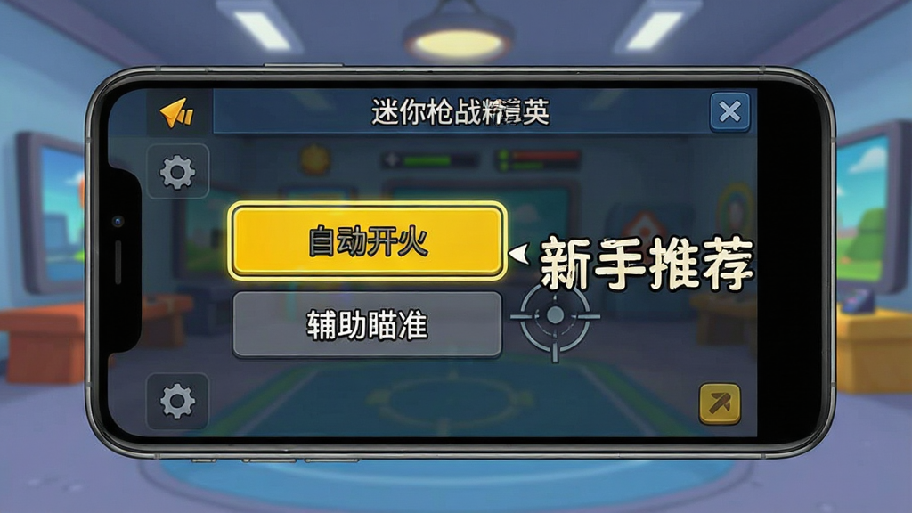 一幅迷你枪战精英新手操作指引界面图,画面中手机屏幕显示游戏设置菜单,高亮标注“自动开火”与“辅助瞄准”选项,旁边用文字标注“新手推荐”,背景为游戏大厅的卡通风格,整体布局清晰直观,风格为游戏UI截图风格,画质干净,无多余元素