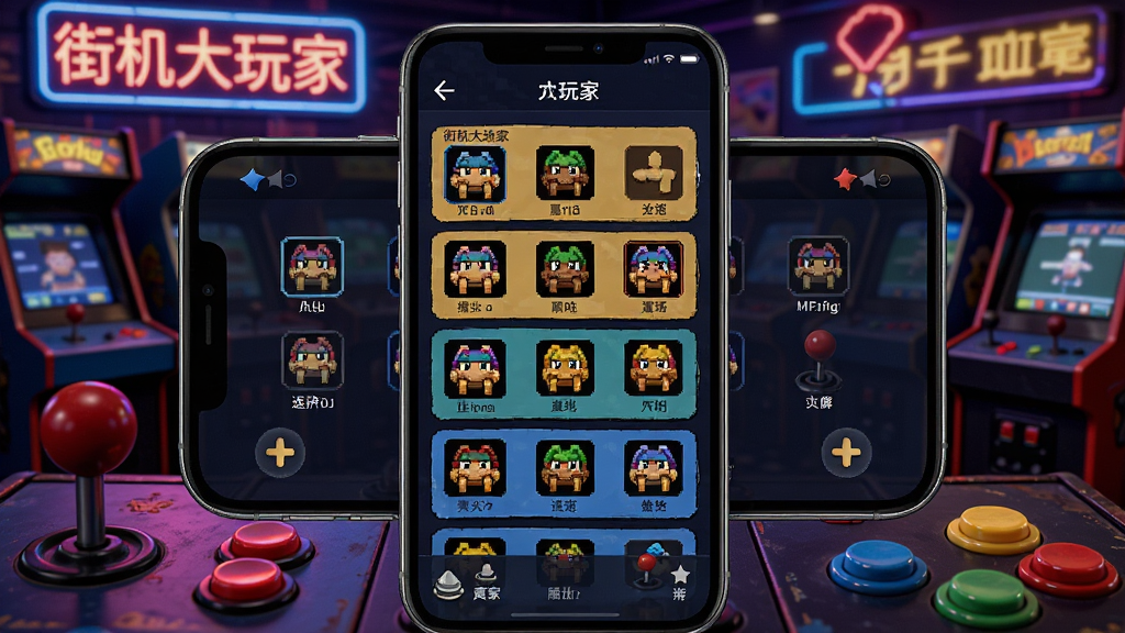 一张展示街机大玩家软件主界面的图片,画面中央是手机屏幕,屏幕内呈现街机游戏选择列表,背景是复古游戏厅风格,霓虹灯牌写着“街机大玩家”,周围有摇杆和按钮元素,布局为横向构图,风格为写实数字插画,细节包括游戏图标、彩色按键、光影效果,画质清晰干净,无多余元素。