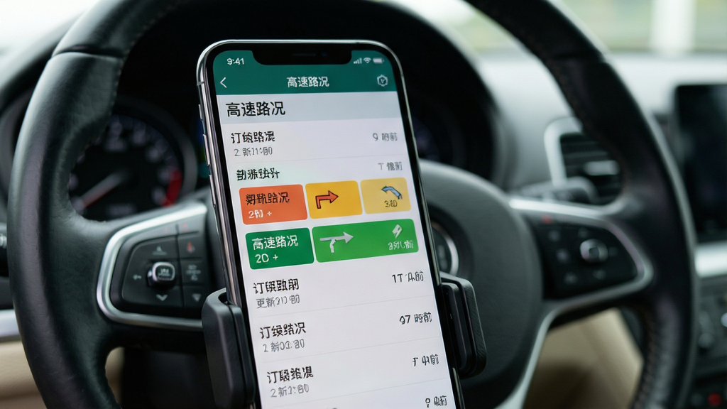 一部手机放置在车内支架上,屏幕显示