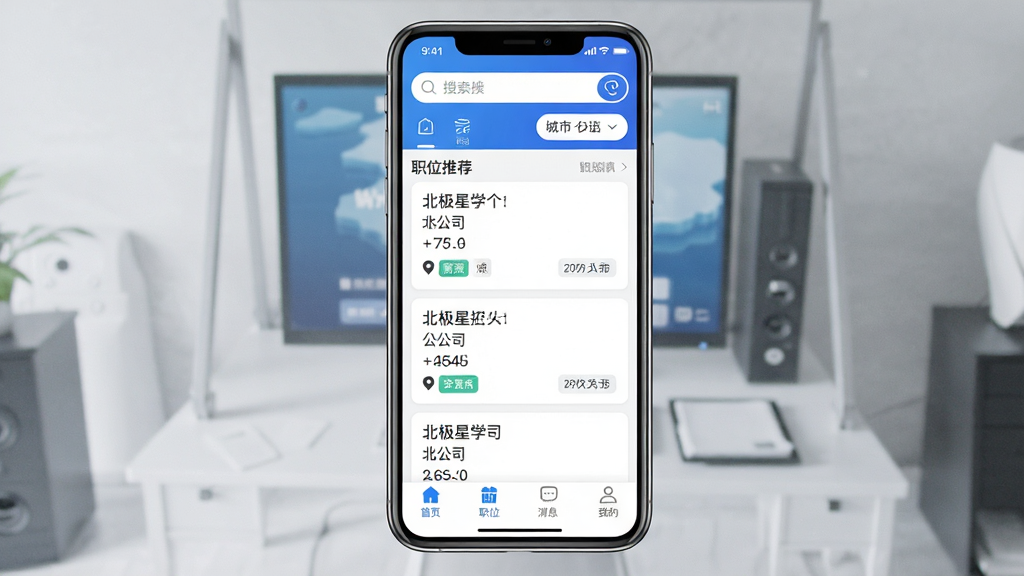 北极星招聘软件主界面全貌展示,画面中央是手机屏幕,屏幕内呈现北极星招聘APP的首页布局,顶部有搜索框和城市切换按钮,中部为职位推荐卡片列表,卡片上显示岗位名称、公司名称、薪资范围和地点标签,底部为导航栏包含首页、职位、消息、我的四个图标,整体配色以蓝色和白色为主,风格简洁商务,细节清晰,画质干净,无多余元素