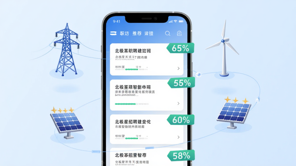 北极星招聘智能推荐功能展示图,画面中一部手机屏幕显示职位推荐列表,每个职位卡片旁有匹配度百分比标签,背景为淡蓝色渐变,手机周围漂浮着电力塔、风力发电机、太阳能板等元素图标,风格现代科技感,排版清晰,画质干净,无多余元素