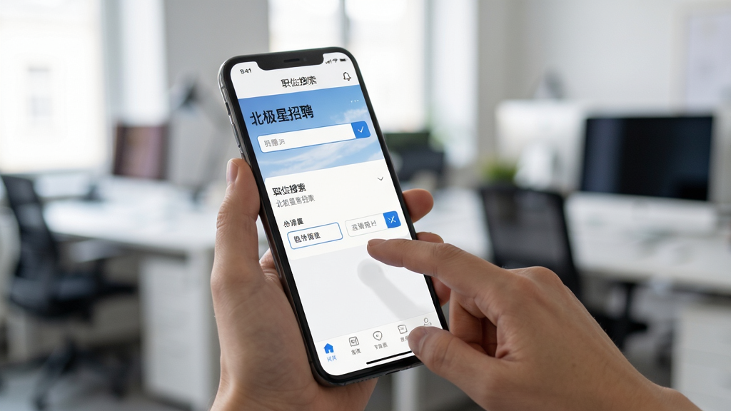 北极星招聘移动端操作场景图,画面展示一只手握住手机,手机屏幕显示北极星招聘APP的职位搜索页面,手指正在点击筛选按钮,背景为模糊的办公室环境,风格真实自然,画质清晰,无多余元素