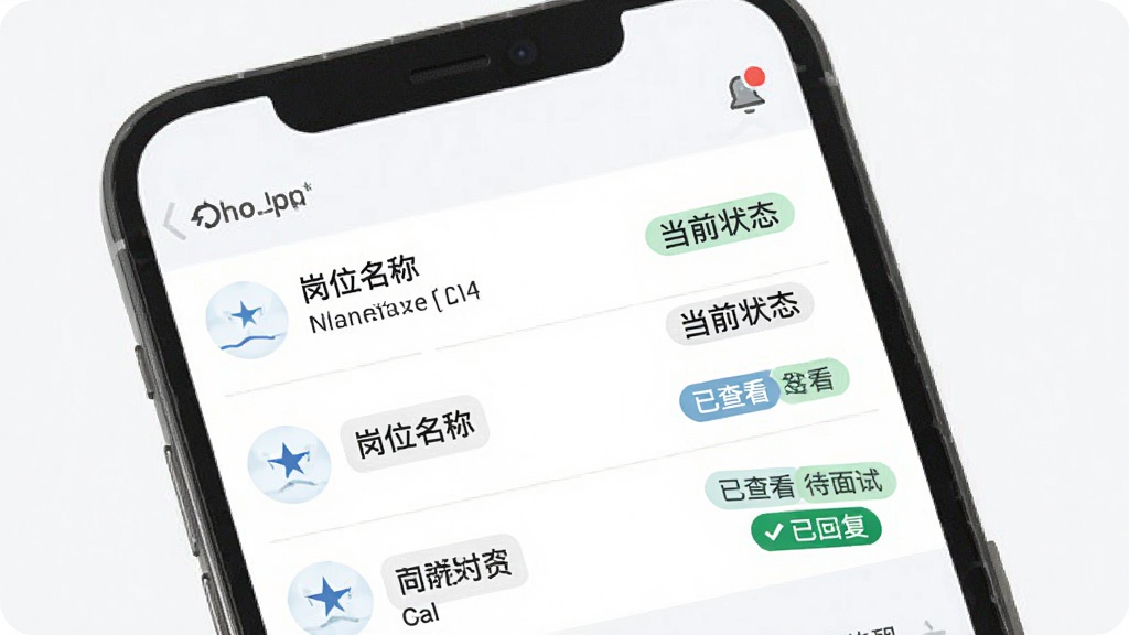 北极星招聘简历投递与进度跟踪界面,手机屏幕展示投递记录列表,每条记录包含公司名称、岗位名称、投递时间和当前状态标签如已查看、待面试、已回复,顶部有消息提醒小红点,整体风格清爽简洁,画质干净,无多余元素