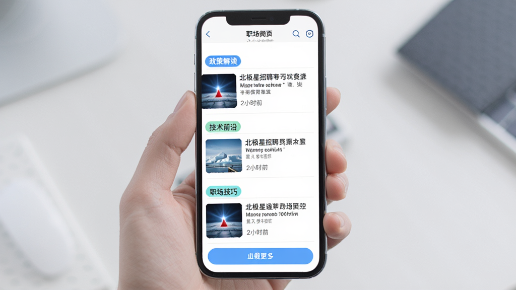 北极星招聘行业资讯与职场干货页面,手机屏幕显示资讯列表,包含政策解读、技术前沿、职场技巧等分类标签,每篇文章有标题、缩略图和发布时间,页面底部有加载更多按钮,风格清新阅读感强,画质清晰,无多余元素