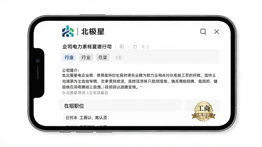 北极星招聘企业主页信息展示界面,手机屏幕内呈现某电力企业的详情页面,包含企业Logo、公司全称、行业标签、公司简介文字段落、在招职位列表和工商认证标识,页面布局规整,配色以白色和浅灰为主,风格专业可信,画质清晰,无多余元素