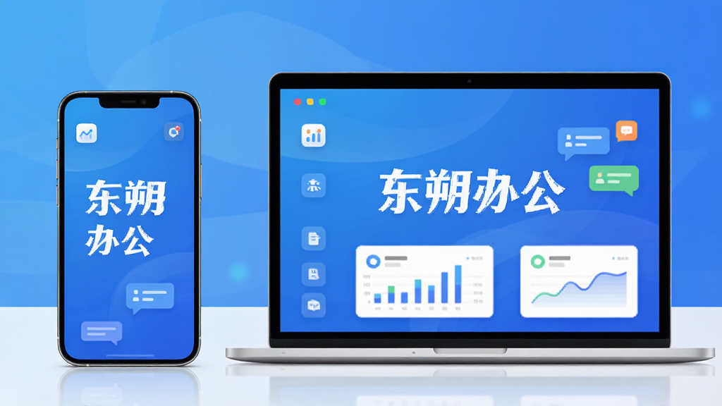 主体为一部智能手机和一台笔记本电脑并排展示,屏幕上显示“东朔办公”四个大字的APP界面,布局采用居中对称构图,排版简洁清晰,风格为现代商务科技风,细节包括蓝色渐变背景、扁平化图标元素、数据图表与消息气泡点缀,画质高清,干净,无多余元素