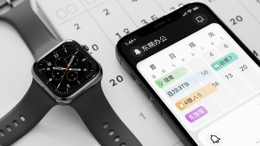 主体是一个智能手表与手机组合展示“东朔办公”日程提醒界面,布局采用对角线构图,风格为现代简约商务风,细节包括日历网格、彩色事件标签、铃铛提醒图标,画质高清,干净,无多余元素