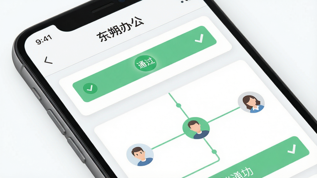 主体是一个手机屏幕特写,屏幕上显示“东朔办公”的审批流程界面,布局采用上下分栏排版,风格为清新扁平化设计,细节包括绿色通过标识、流程节点连线、头像小图标,画质清晰,干净,无多余元素