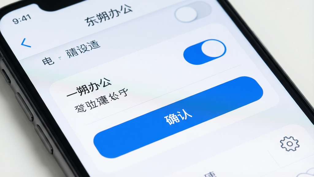 主体是一部智能手机屏幕展示“东朔办公”设置界面,布局采用居中特写构图,风格为清爽浅色系UI,细节包括权限开关按钮、蓝色高亮确认键、齿轮图标,画质高清,干净,无多余元素