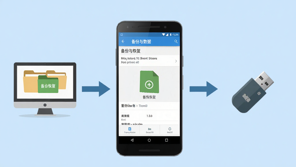 一羽记账数据备份与恢复操作流程图,画面中央展示一部安卓手机,手机屏幕显示设置菜单中的备份与恢复选项,旁边有箭头指向电脑和U盘图标,布局为左右对比,风格为扁平化教程风,背景为浅蓝色,细节包括文件夹图标和备份文件图标,画质高清,干净无多余元素