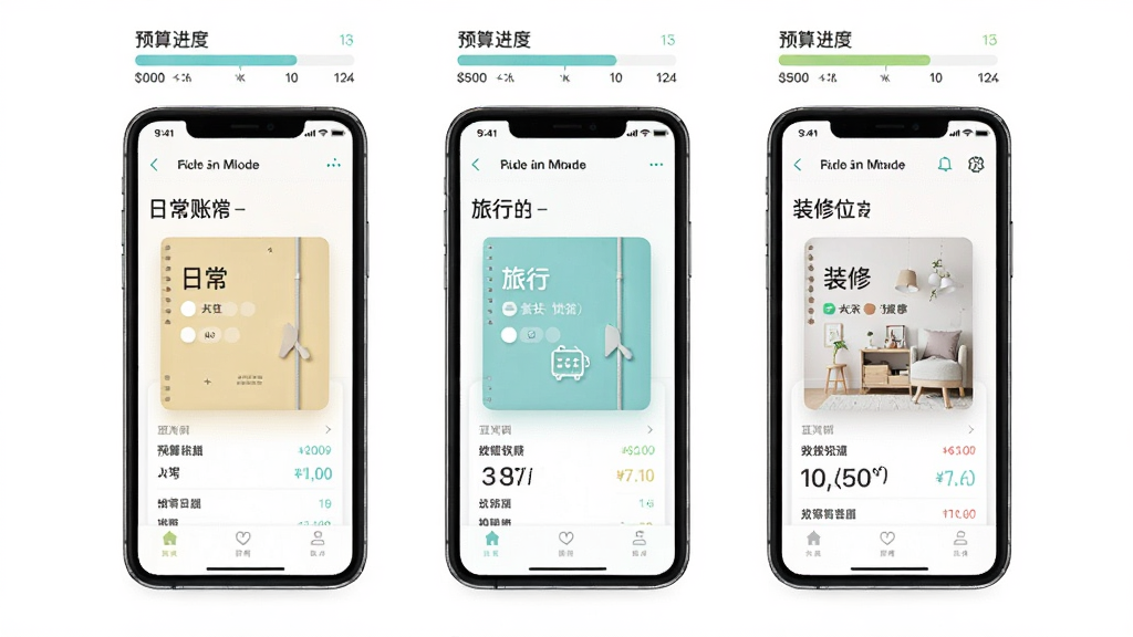 一羽记账多账本管理界面示意图,画面中央展示三部并排的手机,每部手机屏幕显示不同账本,分别为日常、旅行、装修,手机上方有预算进度条,布局为横向排列,风格为清新浅色系,背景为白色,细节包括账本封面和预算数字,画质高清,干净无多余元素